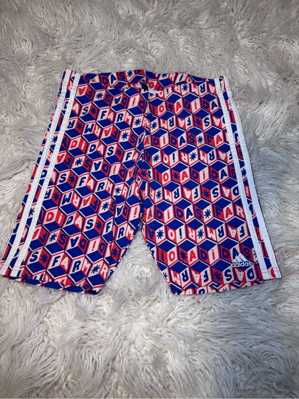 Adidas X Farm Rio Bike Shorts Size Medium 3 Stripe Red Blue Pull On